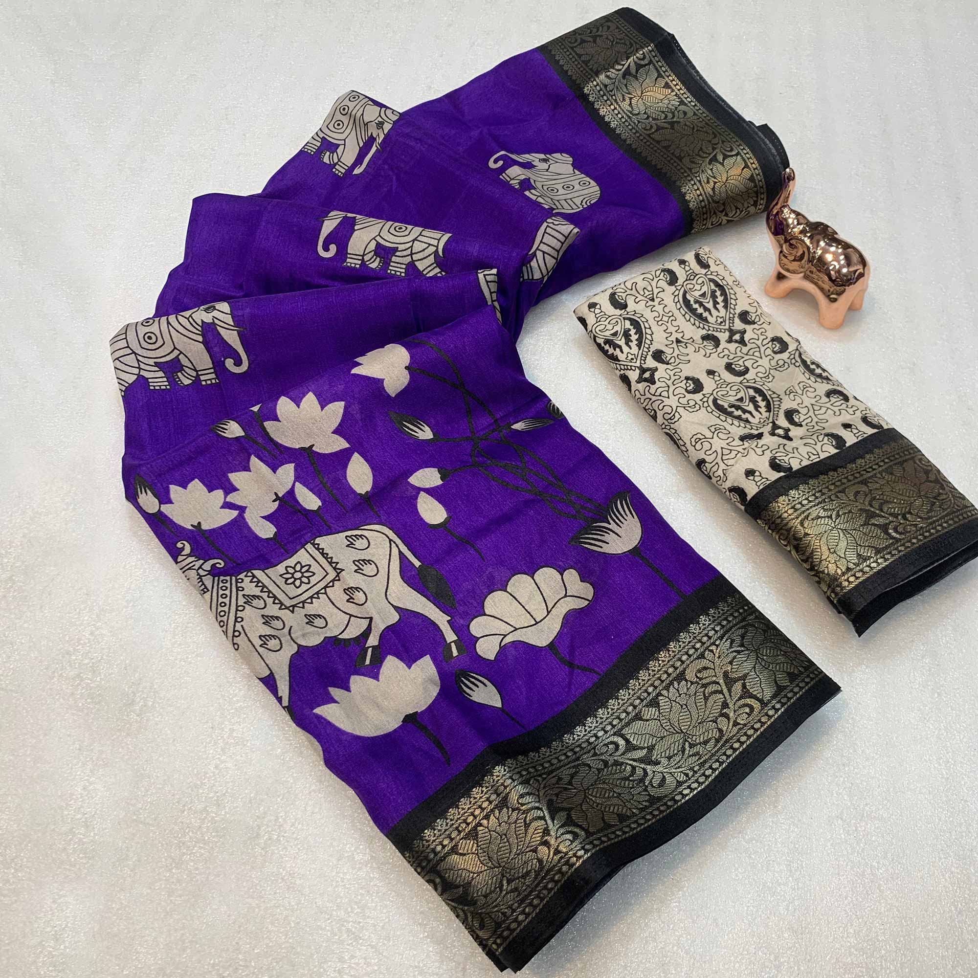 Heritage Inspired Violet Mulmul Saree Featuring Pichwai Art Prints
