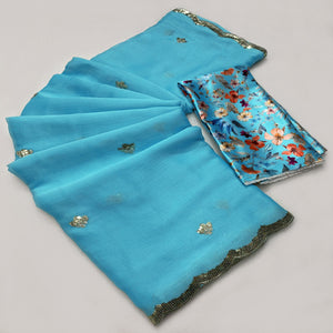 Blue Floral Sequins Embroidered Chiffon Saree