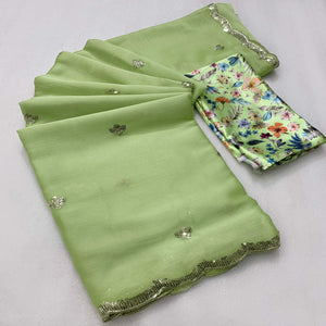 Green Floral Sequins Embroidered Chiffon Saree