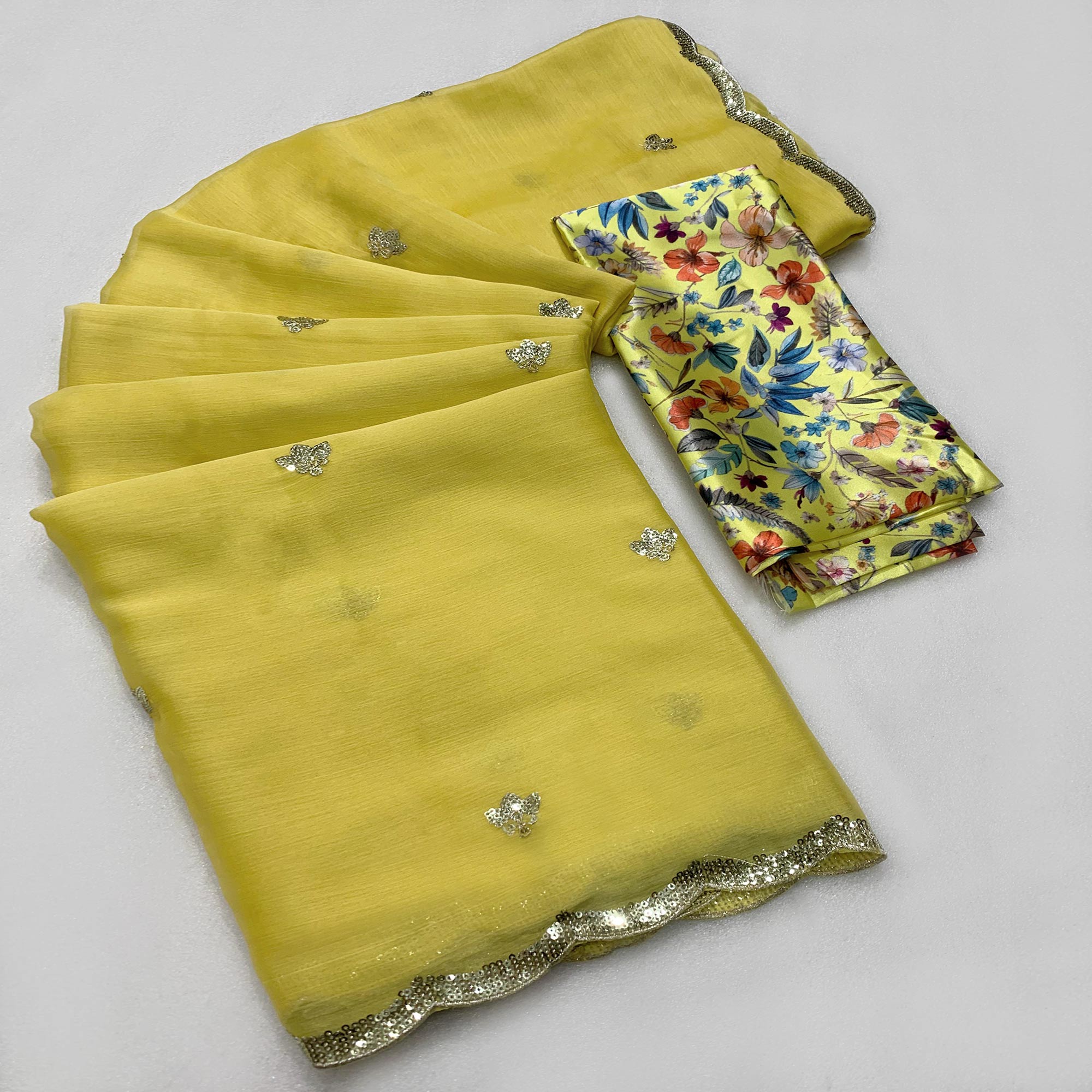 Yellow Floral Sequins Embroidered Chiffon Saree
