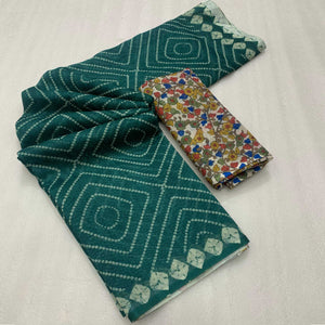 Green Bandhani Printed Linen Saree With Delicate Tassel Border