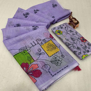 Lavender Floral Printed Linen Saree With Elegant Tassel Border