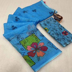 Sky Blue Floral Printed Linen Saree With Elegant Tassel Border