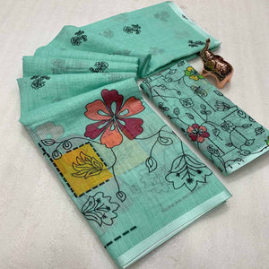 Turquoise Floral Printed Linen Saree With Elegant Tassel Border