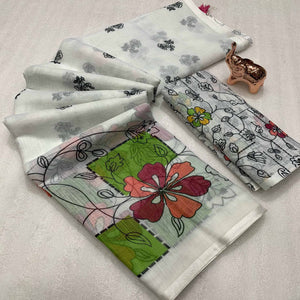 White Floral Printed Linen Saree With Elegant Tassel Border