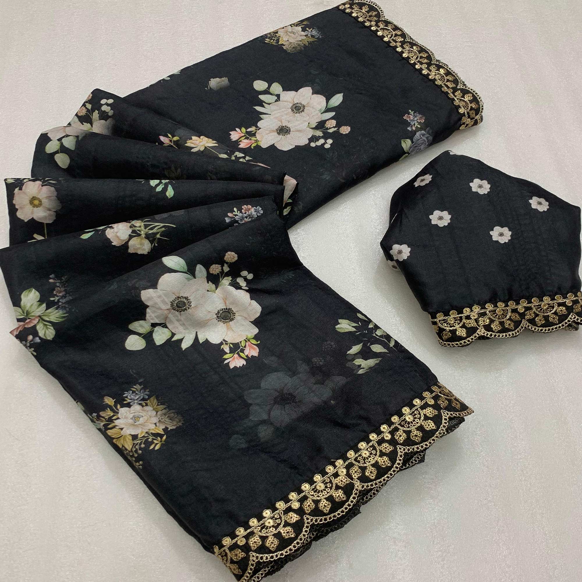 Black Floral Digital Printed Tussar Silk Saree With Sequins Embroidered Border