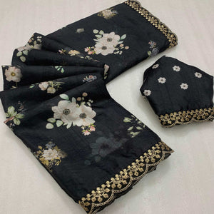 Black Floral Digital Printed Tussar Silk Saree With Sequins Embroidered Border