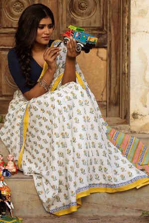 White Batik Printed Pure Linen Saree With Tassels