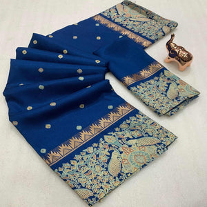 Blue Cotton Silk Saree with Zari-Woven Border and Elegant Printed Designs