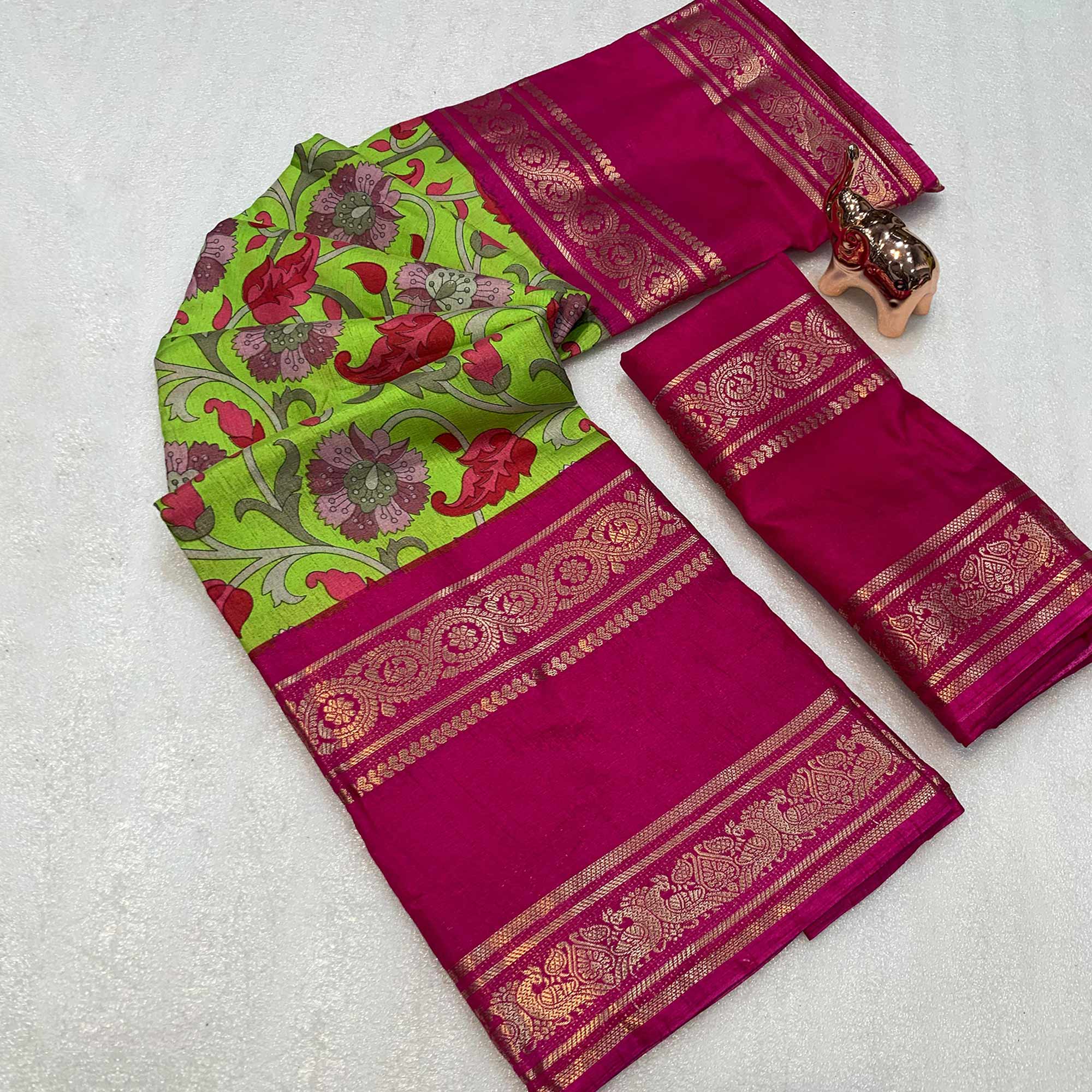 Green Saree In Dola Silk Featuring Floral Kalamkari Print & Rich Jacquard Border