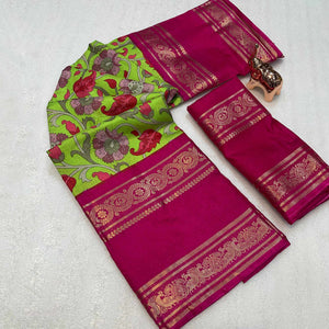 Green Saree In Dola Silk Featuring Floral Kalamkari Print & Rich Jacquard Border