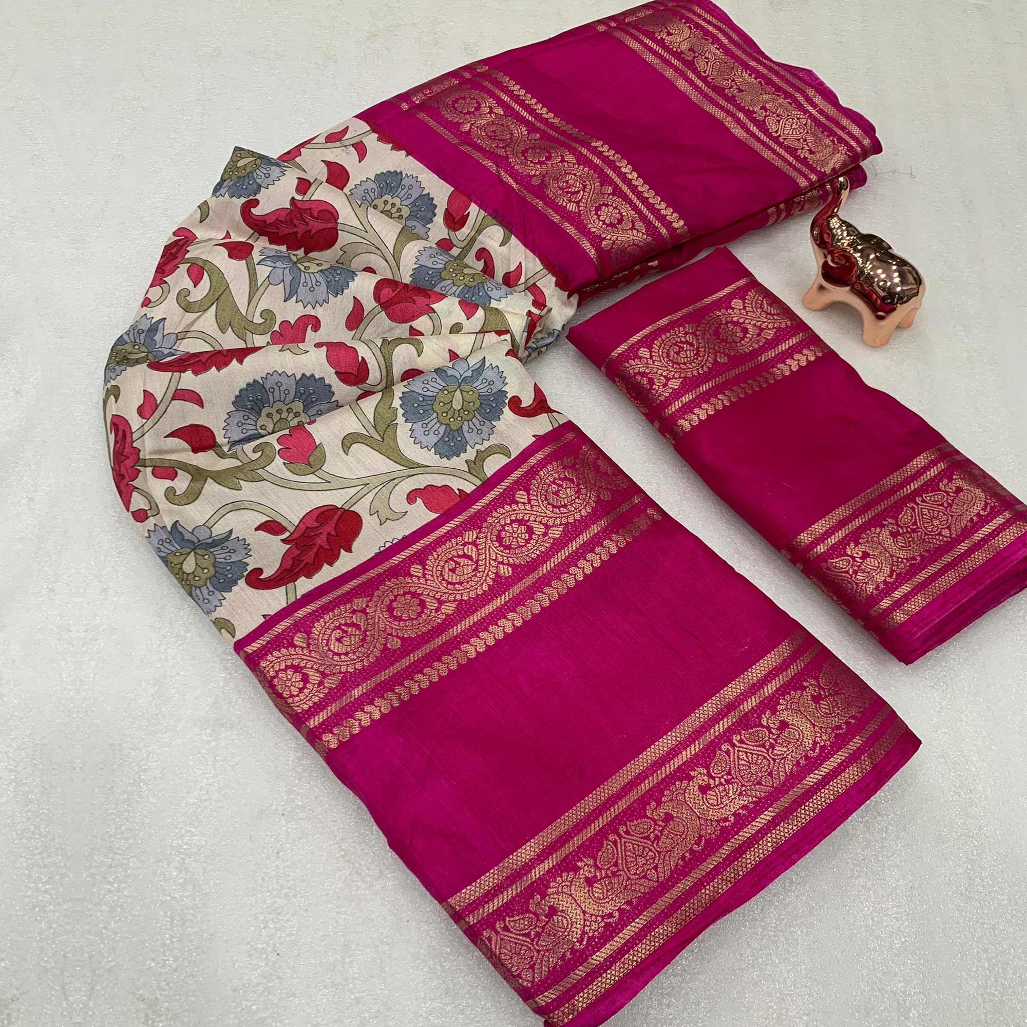Offwhite Saree In Dola Silk Featuring Floral Kalamkari Print & Rich Jacquard Border