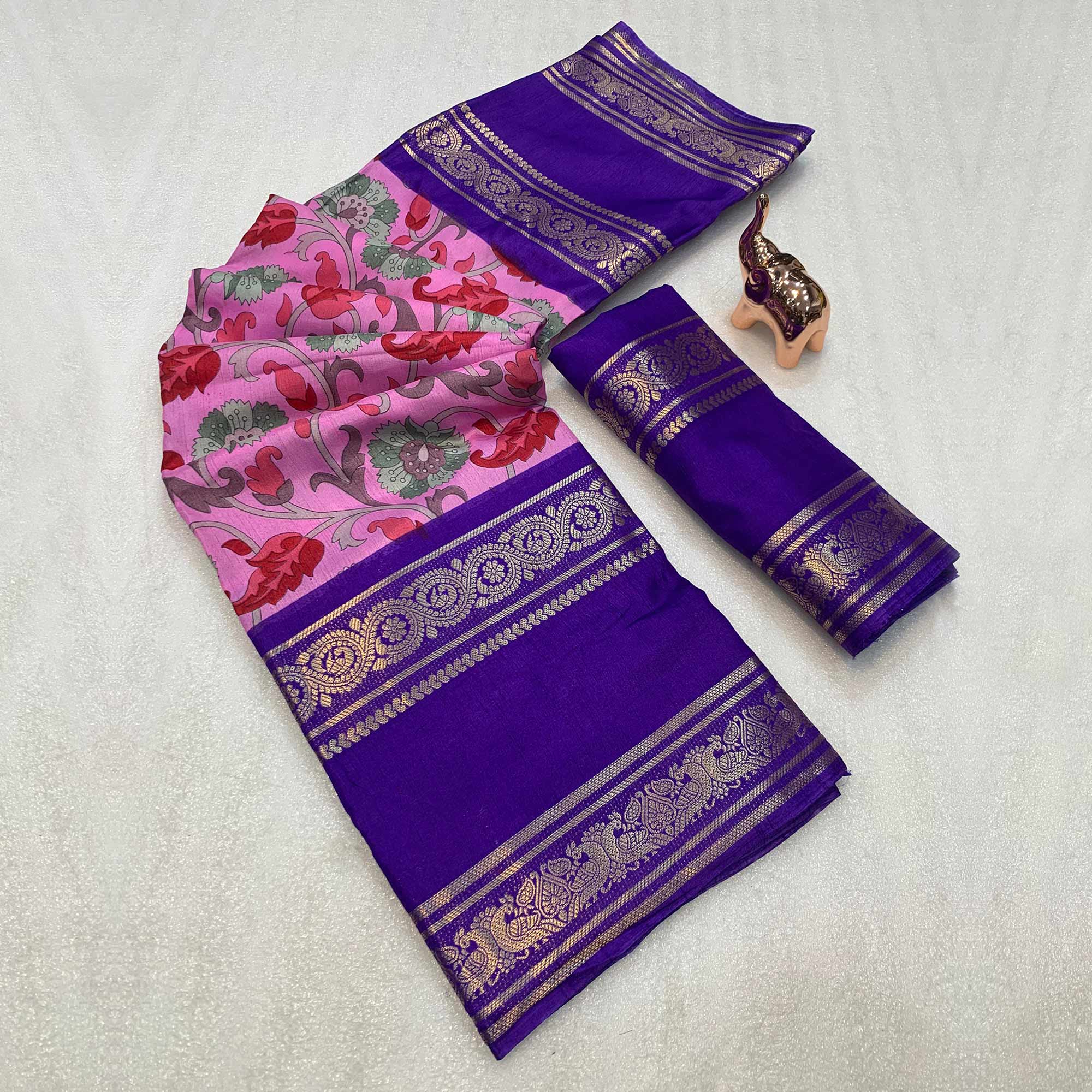 Pink Saree In Dola Silk Featuring Floral Kalamkari Print & Rich Jacquard Border