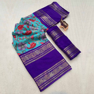 Turquoise Saree In Dola Silk Featuring Floral Kalamkari Print & Rich Jacquard Border