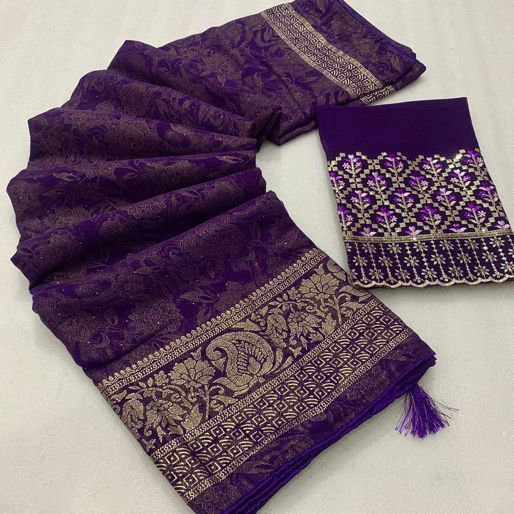 Purple Floral Foil Printed Georgette Saree With Tassels