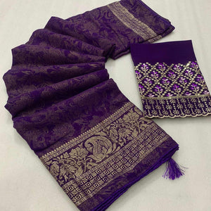 Purple Floral Foil Printed Georgette Saree With Tassels