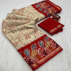 Cream & Red Abstract Printed Dola Silk Saree Enhanced With Kalamkari Art Pallu
