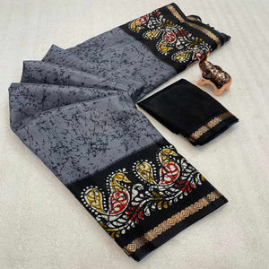 Grey & Black Abstract Printed Dola Silk Saree Enhanced With Kalamkari Art Pallu
