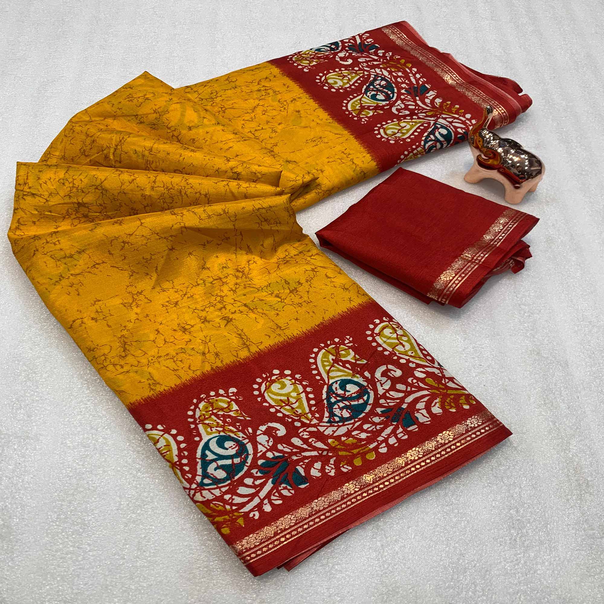 Mustard & Red Abstract Printed Dola Silk Saree Enhanced With Kalamkari Art Pallu