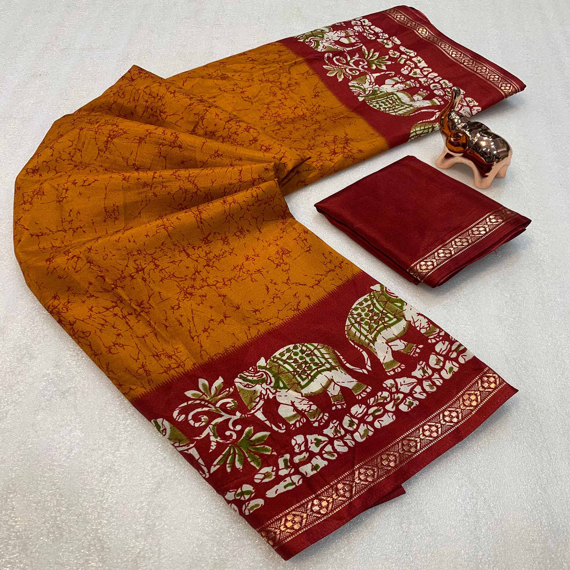 Mustard Dola Silk Saree With Abstract Patterns And Kalamkari Pallu Art