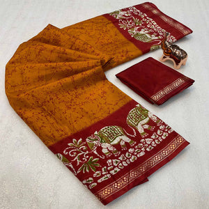Mustard Dola Silk Saree With Abstract Patterns And Kalamkari Pallu Art