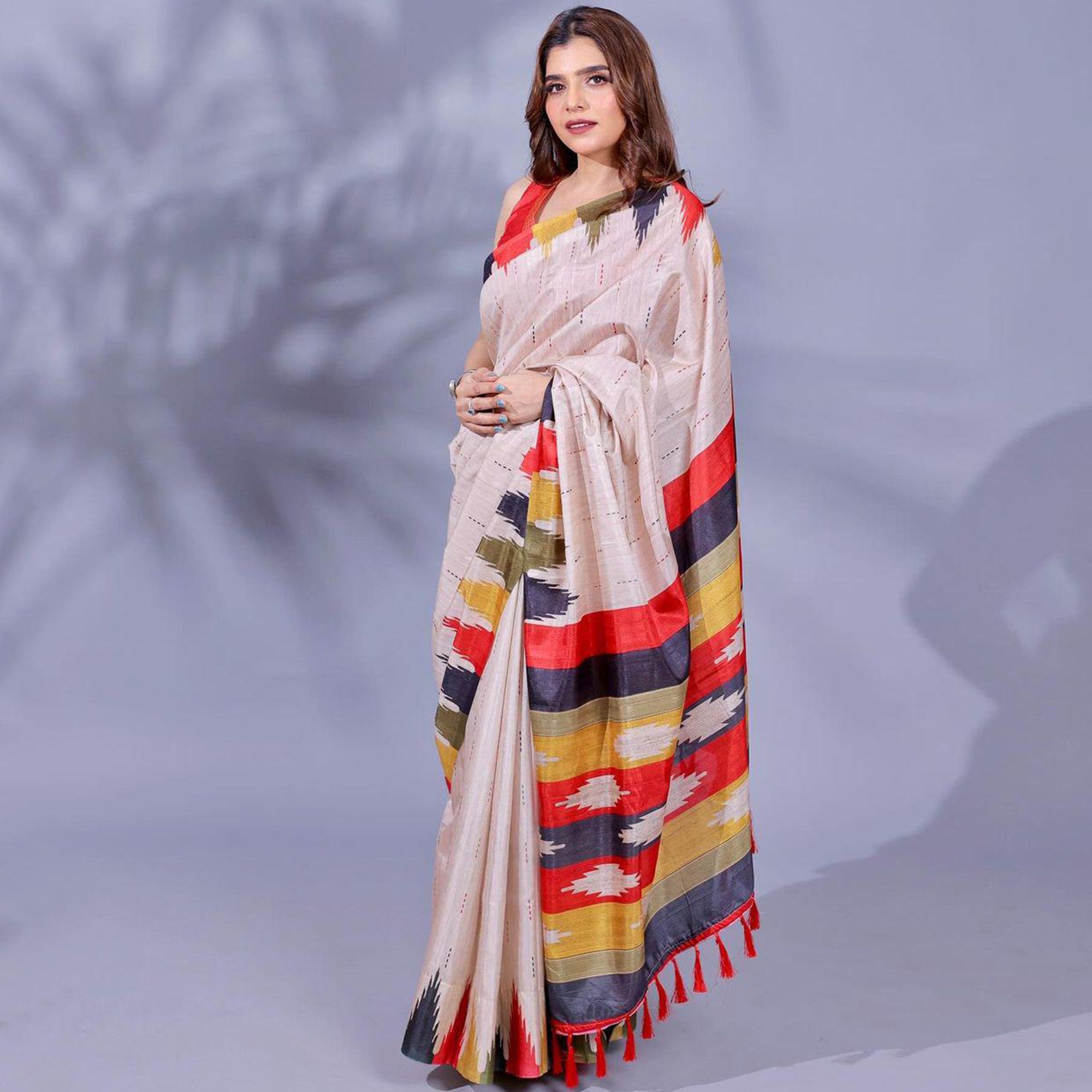 Beige Digital Printed Tussar Silk Saree