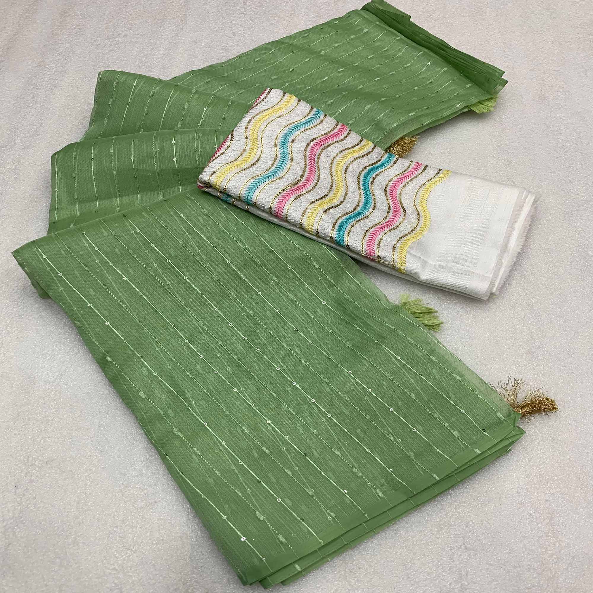 Green Sequins Embroidered Organza Saree