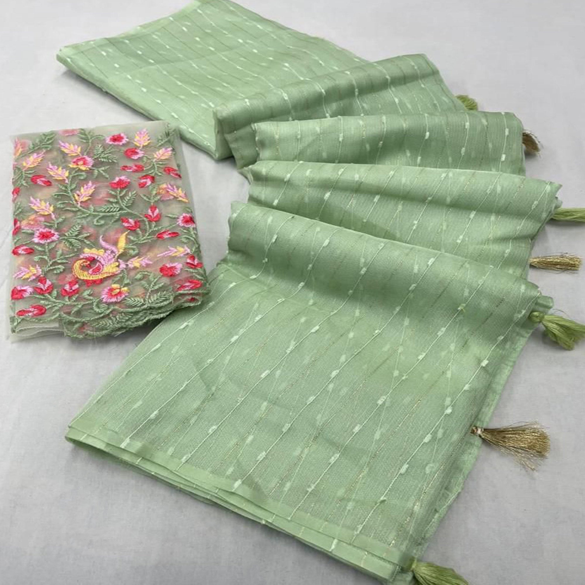 Green Sequins Embroidered Organza Saree With Tassels
