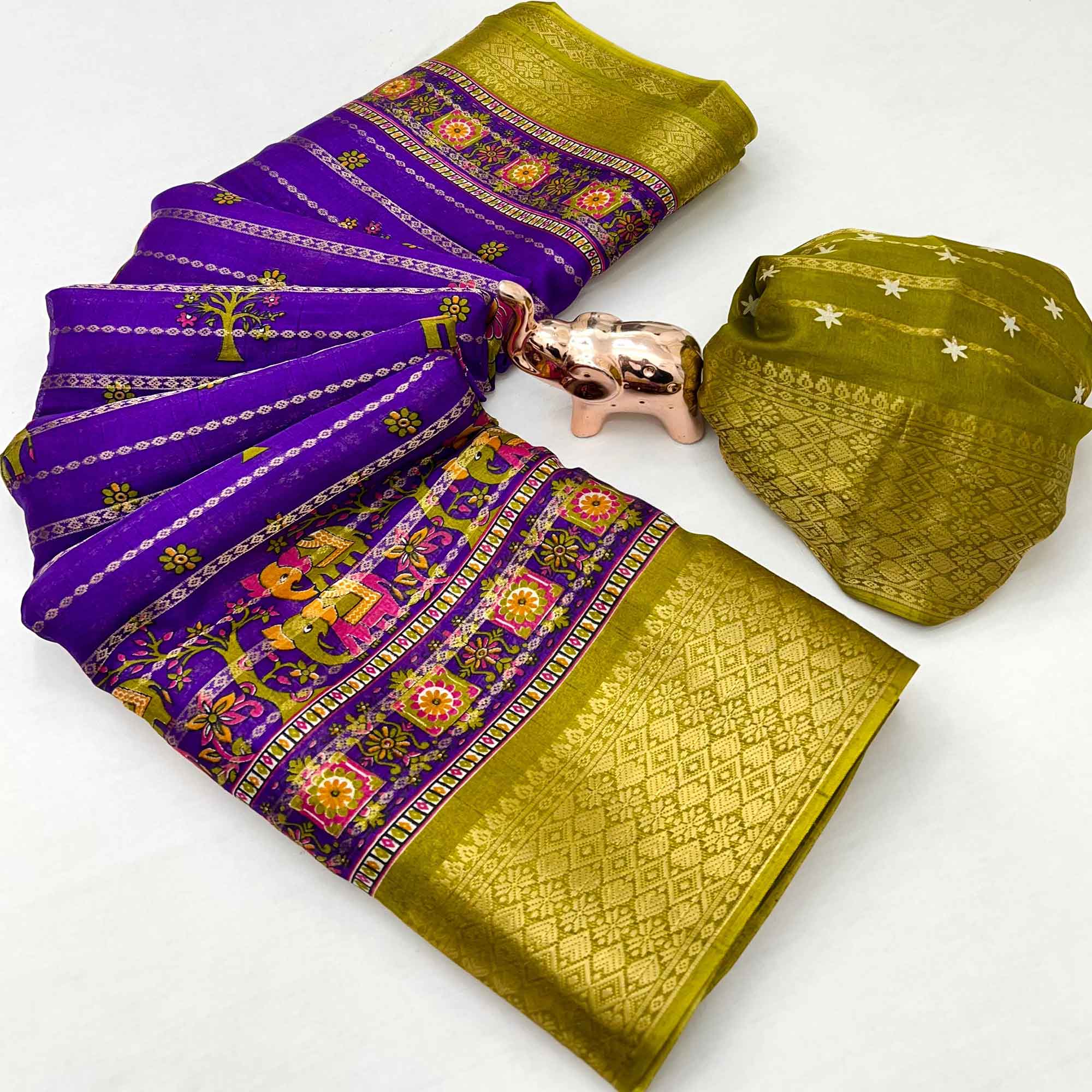 Regal Purple Weaving Dola Silk Saree Adorned With Artistic Elephant & Floral Print