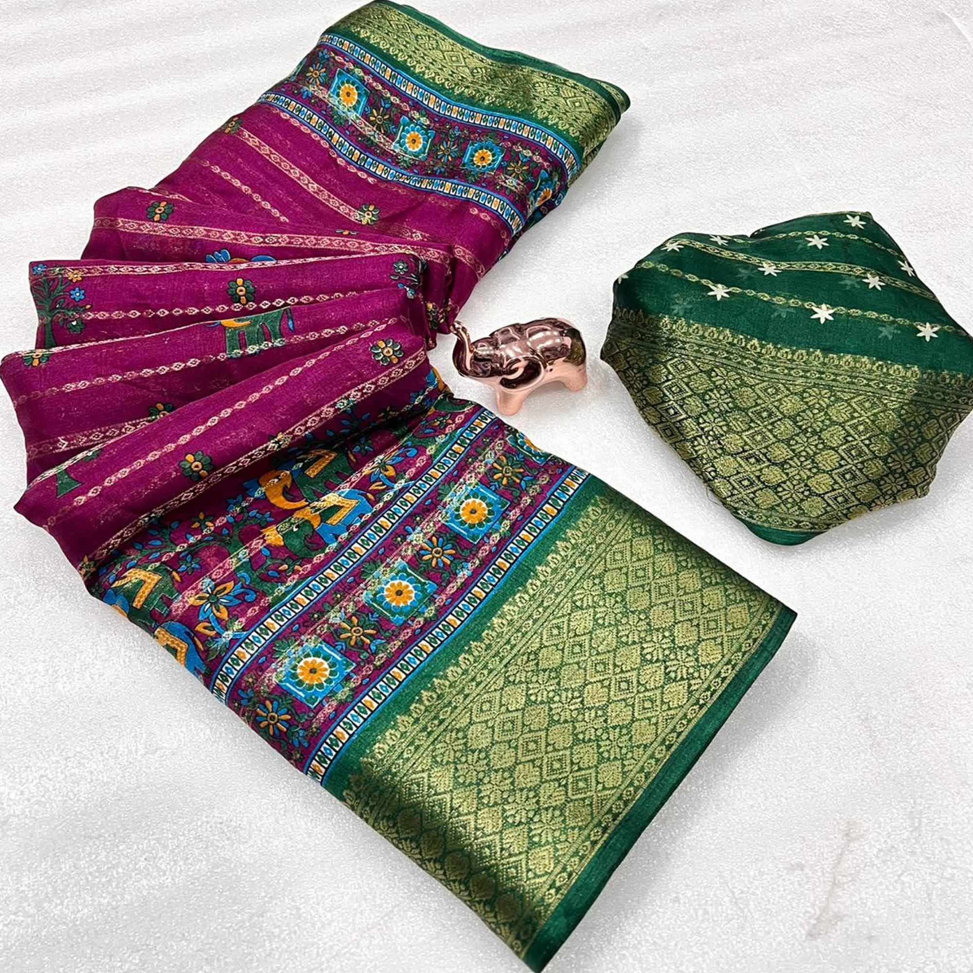 Regal Wine Weaving Dola Silk Saree Adorned With Artistic Elephant & Floral Print