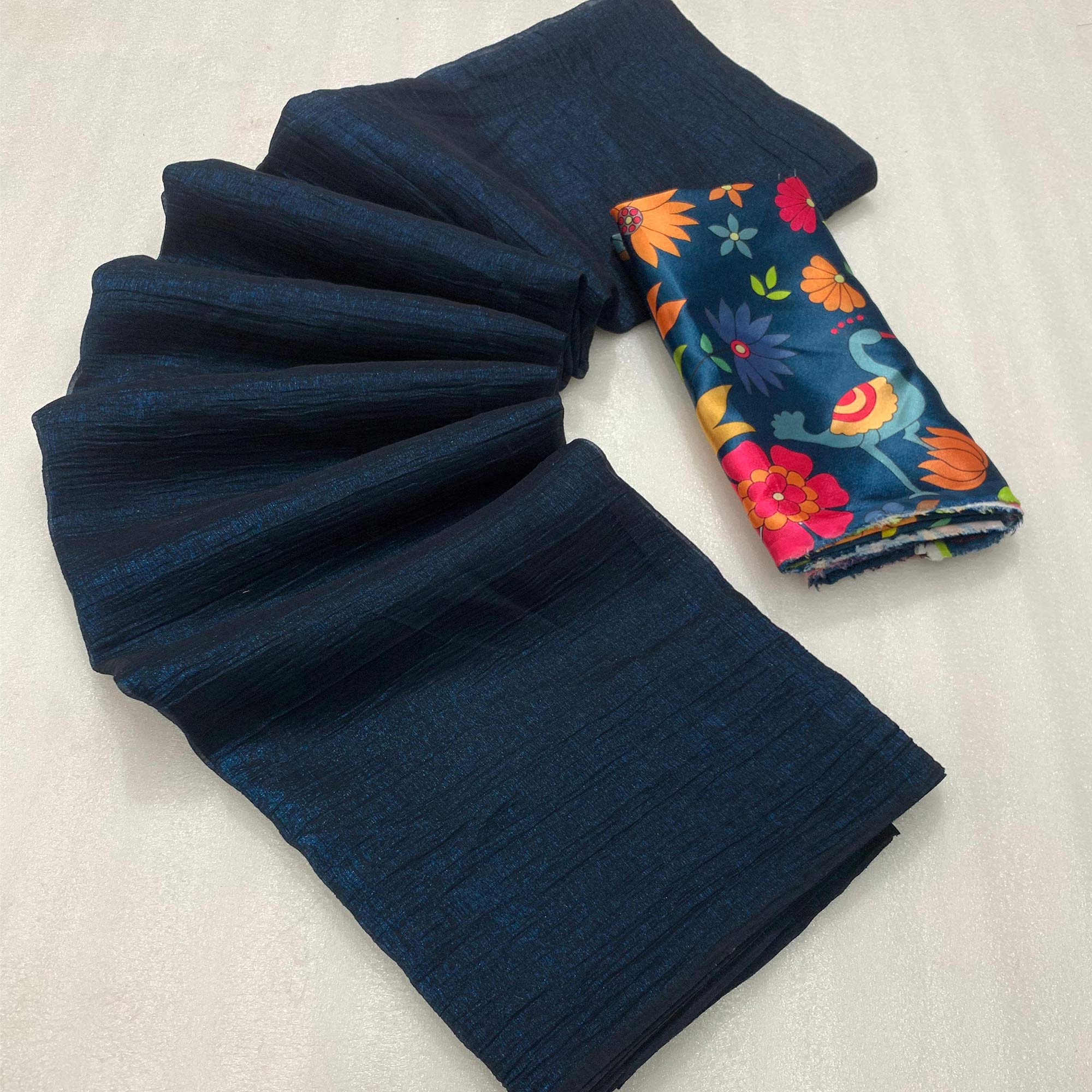 Dark Teal Solid Crepe Crush Saree