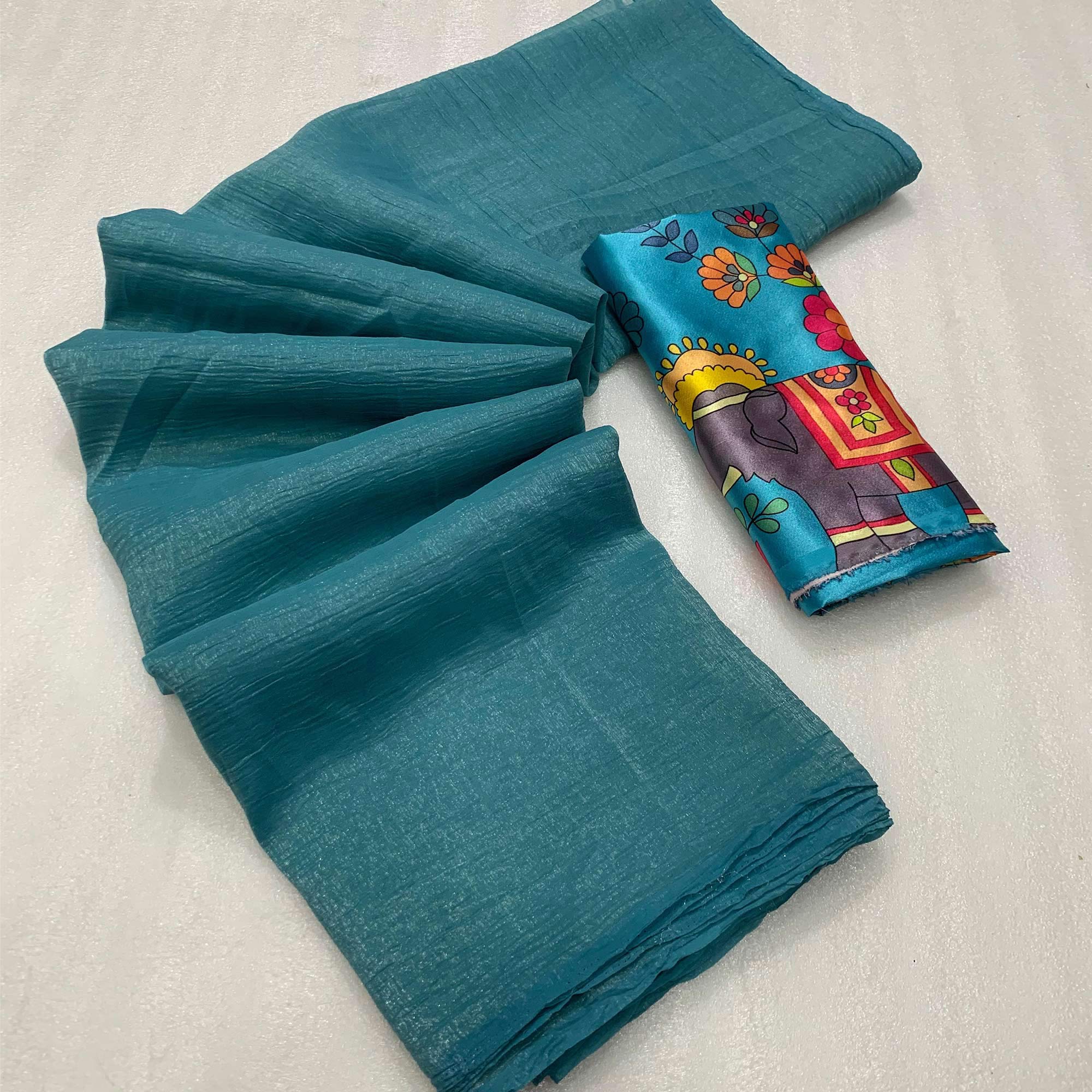 Teal Solid Crepe Crush Saree