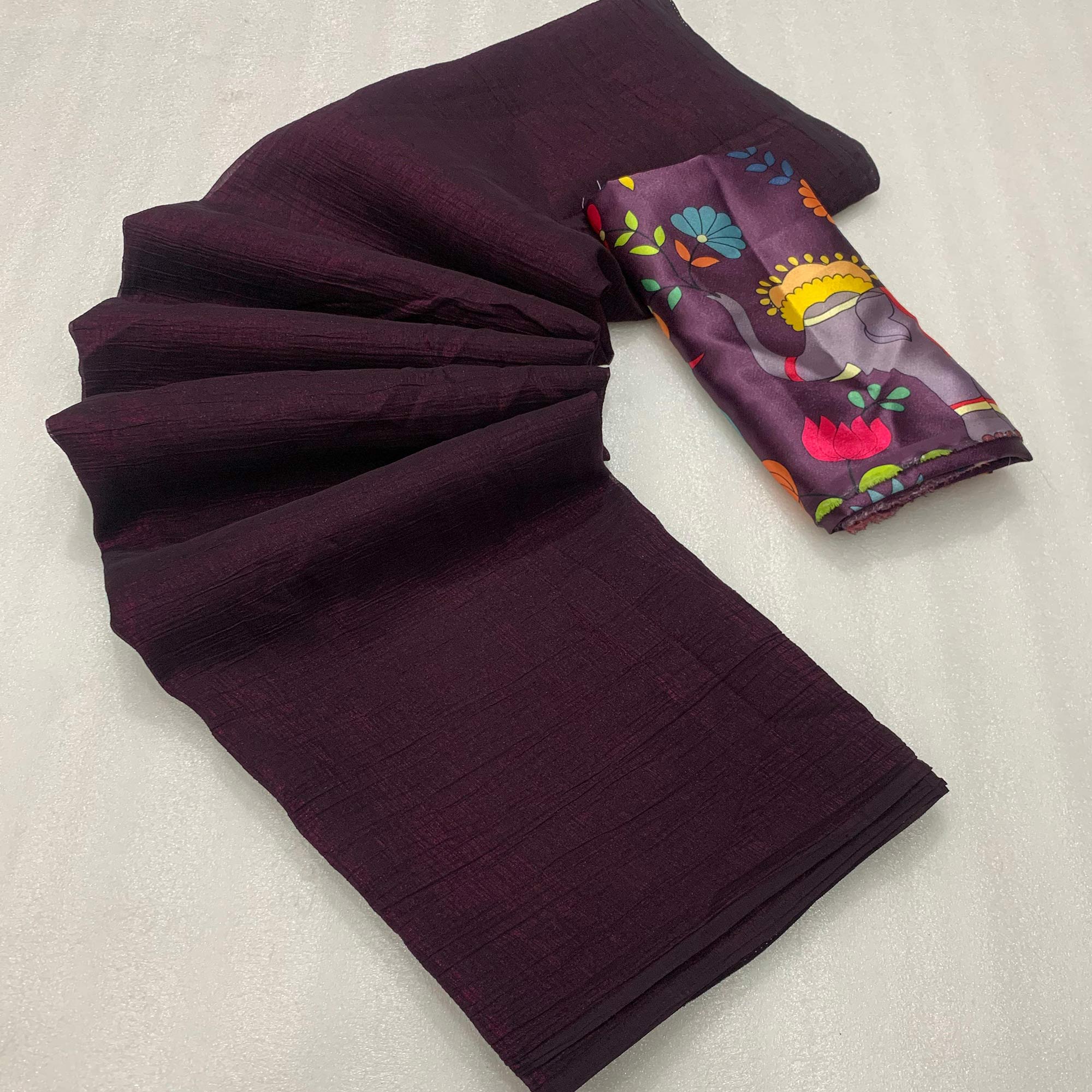 Wine Solid Crepe Crush Saree