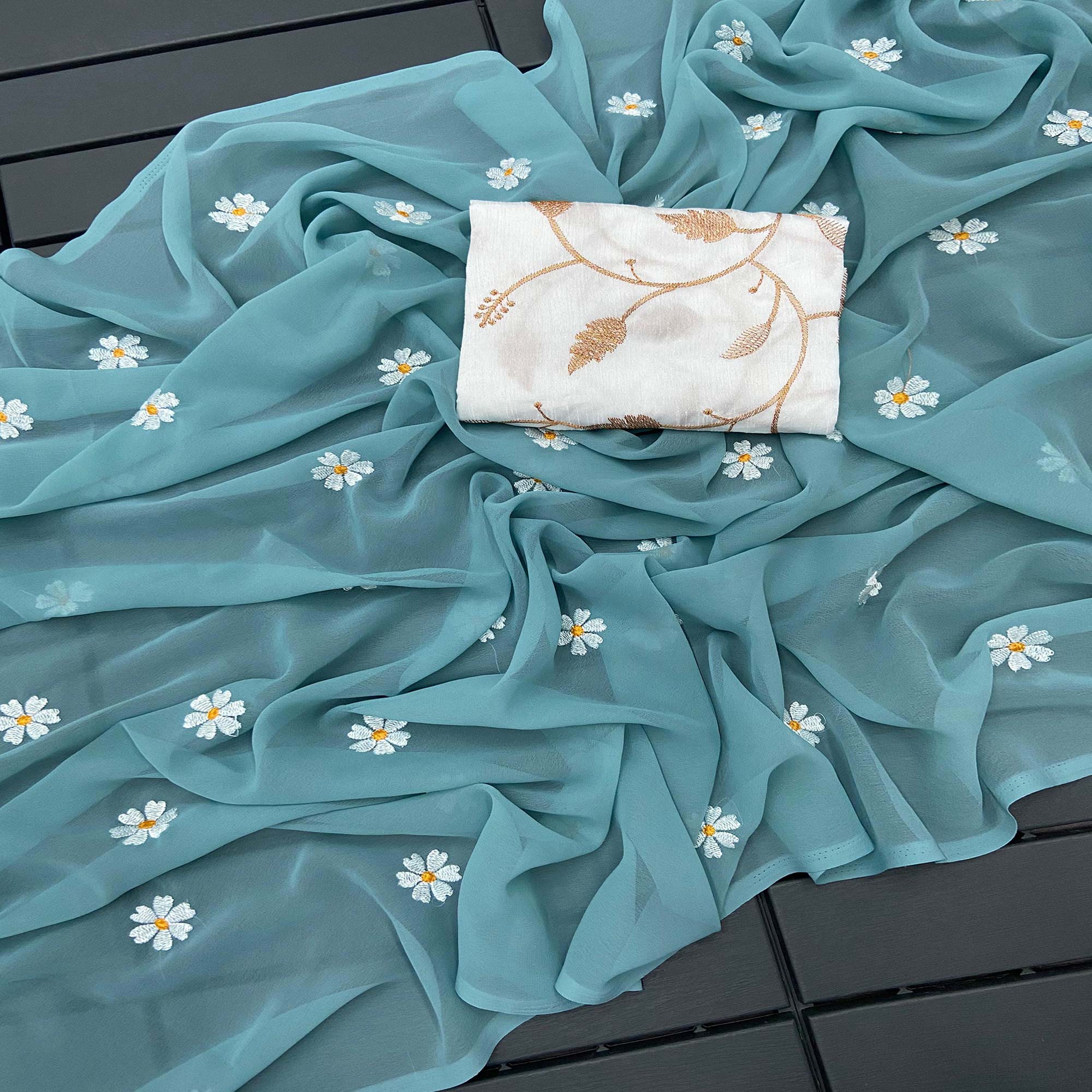 Blue Floral Embroidered Georgette Saree