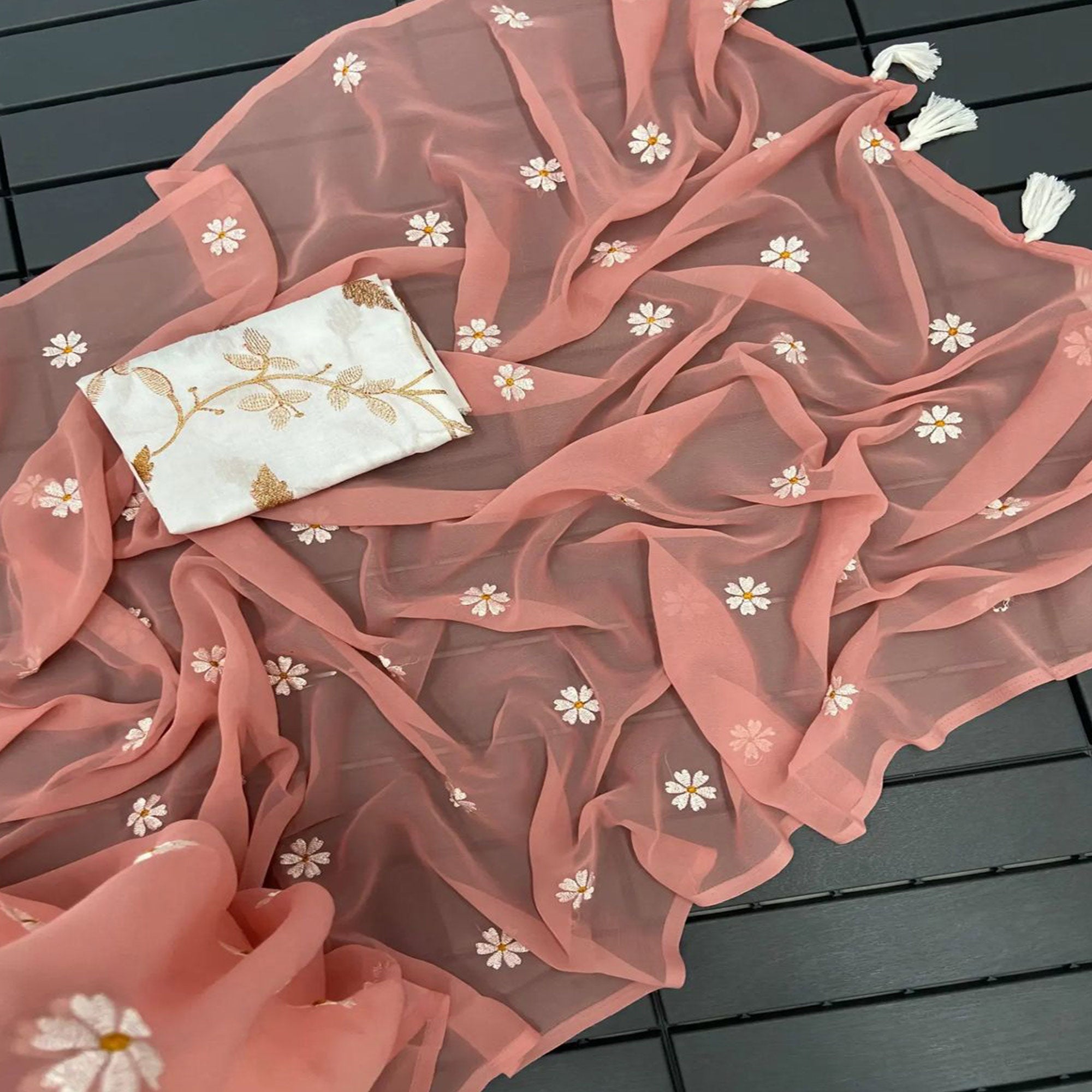 Dusty Peach Floral Embroidered Georgette Saree