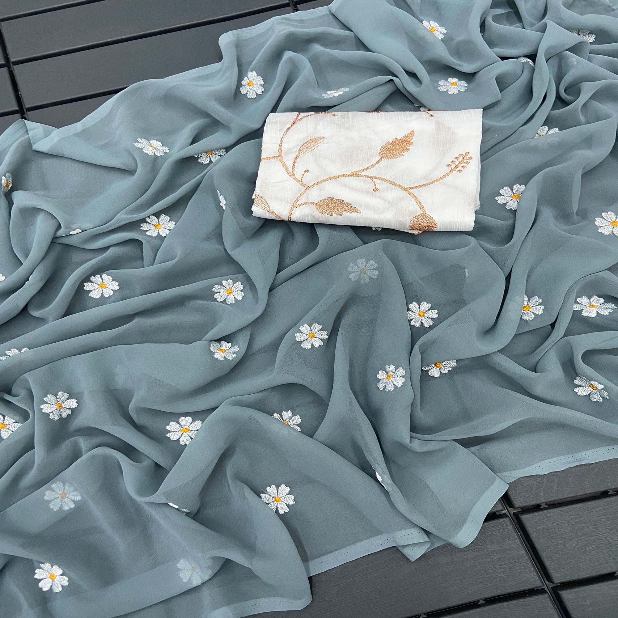 Grey Floral Embroidered Georgette Saree