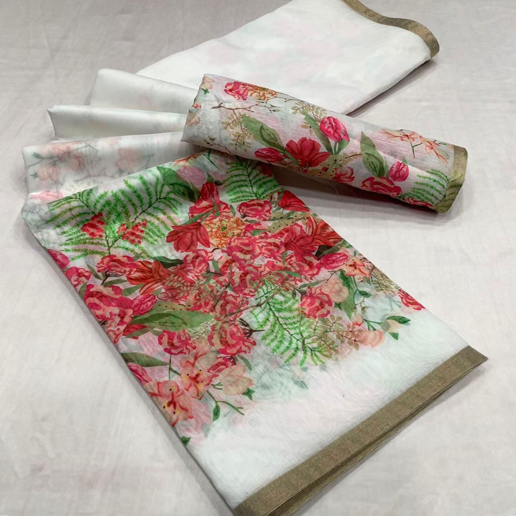 White Floral Digital Printed Linen Saree