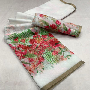 White Floral Digital Printed Linen Saree