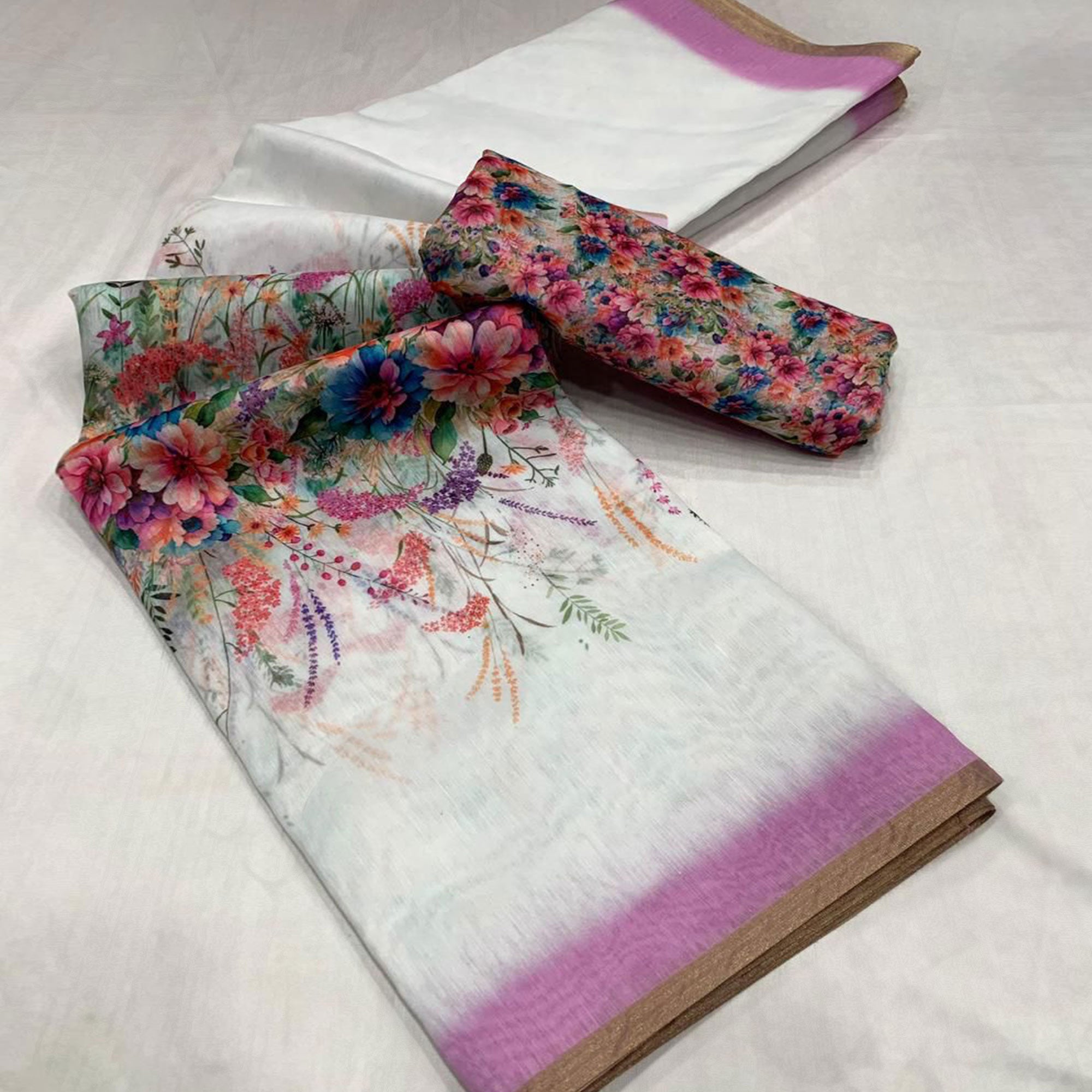White & Purple Floral Digital Printed Linen Saree