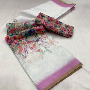White & Purple Floral Digital Printed Linen Saree