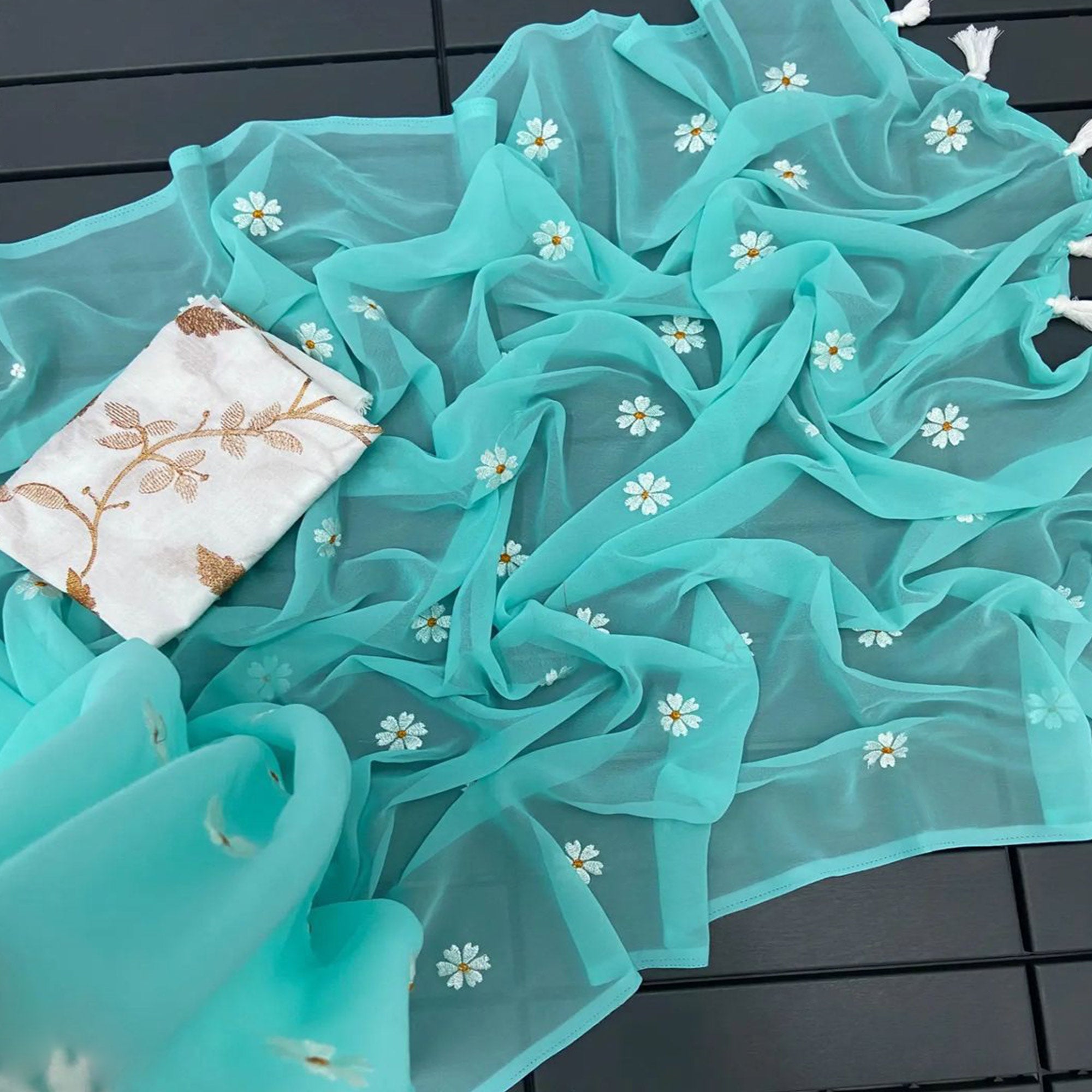 Turquoise Floral Embroidered Georgette Saree