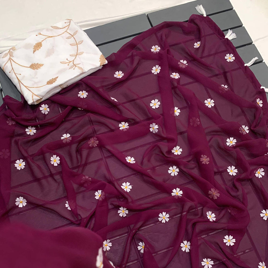 Wine Georgette Silk Embroidered Wedding Wear Saree main image 1