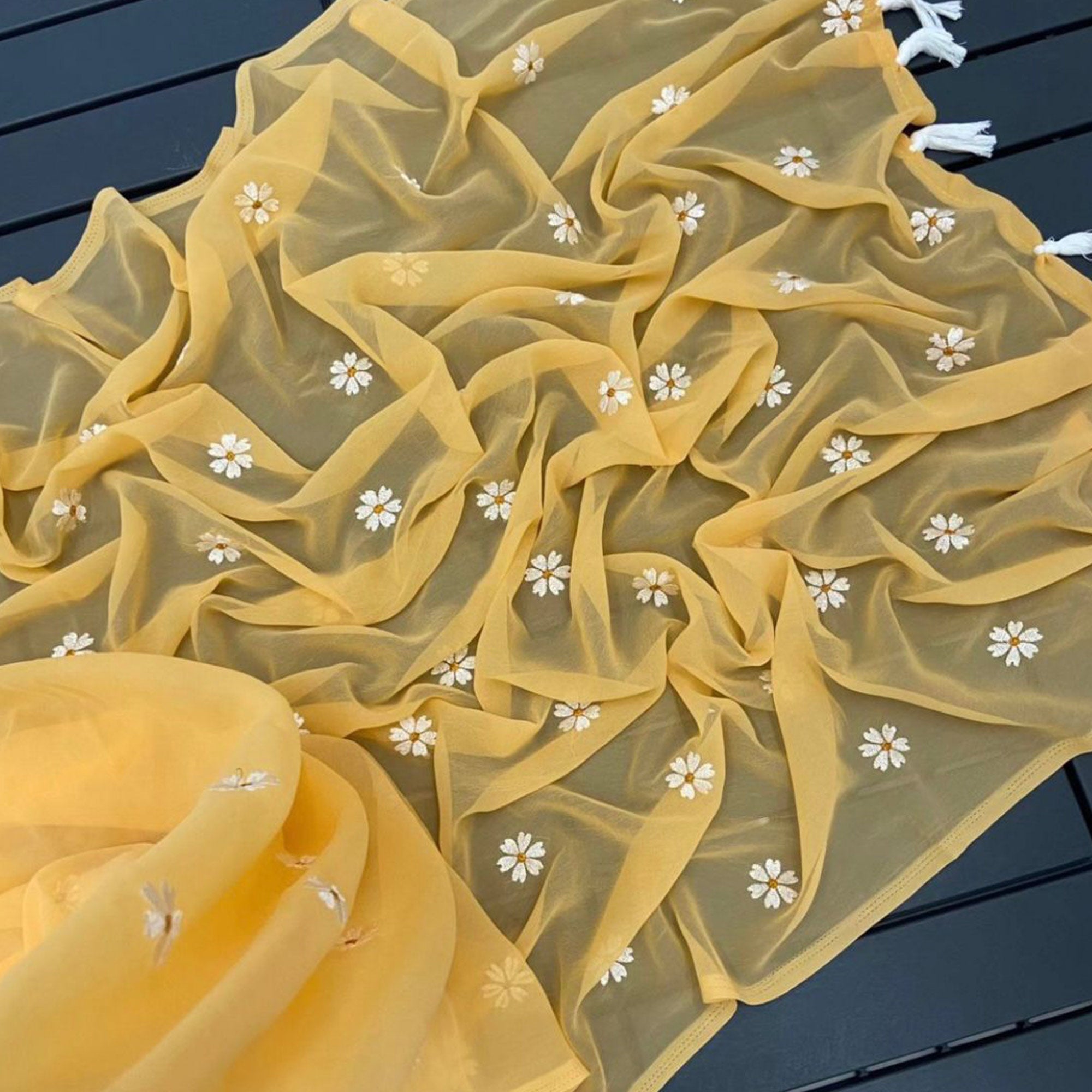 Yellow Floral Embroidered Georgette Saree