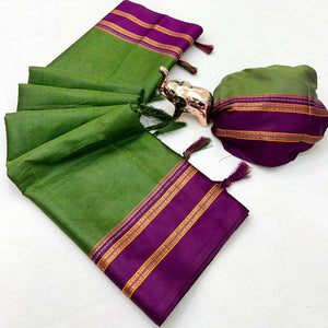 Classic Green Solid Weaving Pure Silk Saree Accented With Woven Striped Pallu & Tassel Finish