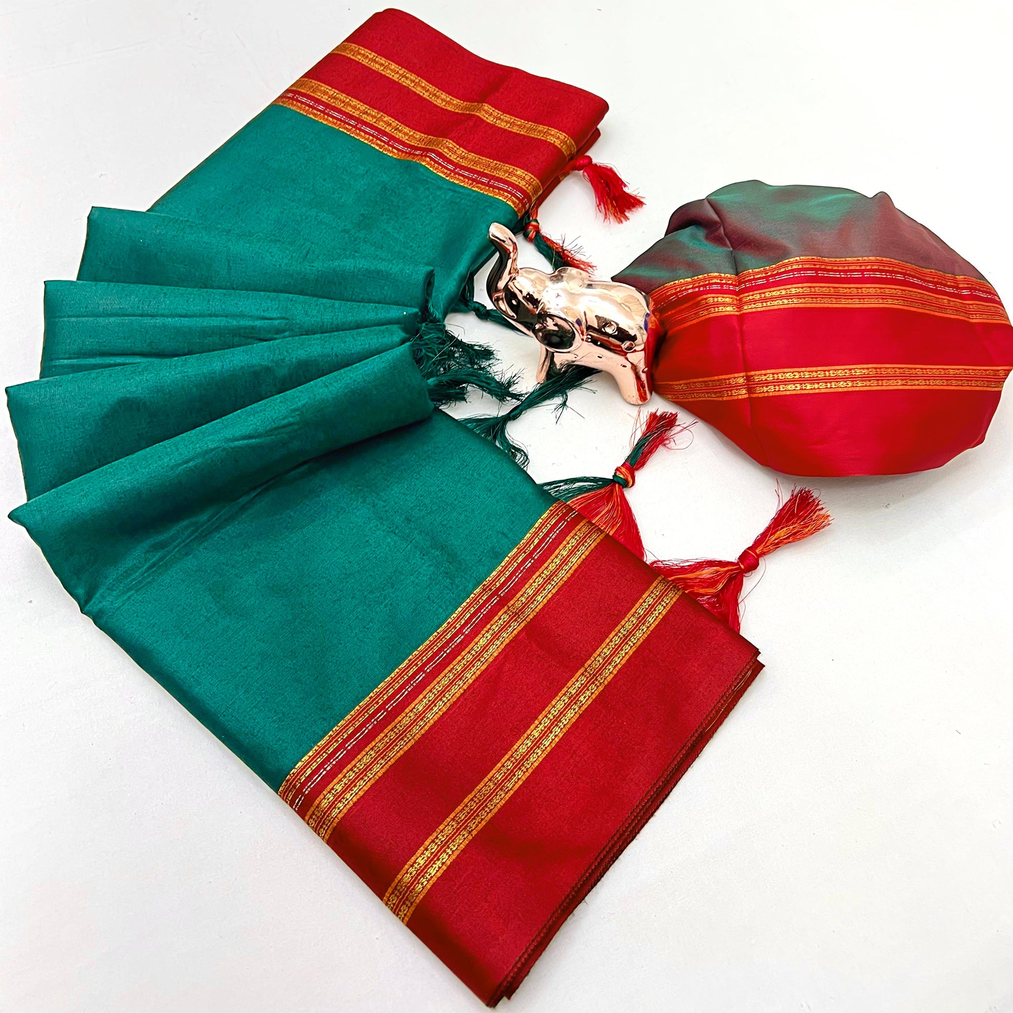 Classic Rama Green Solid Weaving Pure Silk Saree Accented With Woven Striped Pallu & Tassel Finish
