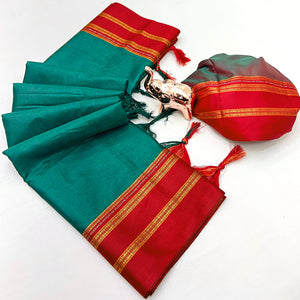 Classic Rama Green Solid Weaving Pure Silk Saree Accented With Woven Striped Pallu & Tassel Finish