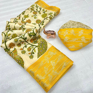 Elegant Cream & Yellow Cotton Blend Saree Adorned With Vibrant Peacock Floral Print