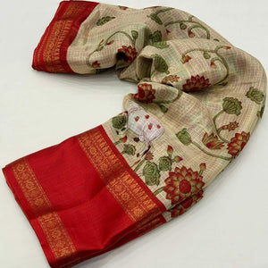 Cream Floral Printed Kota Doria Saree