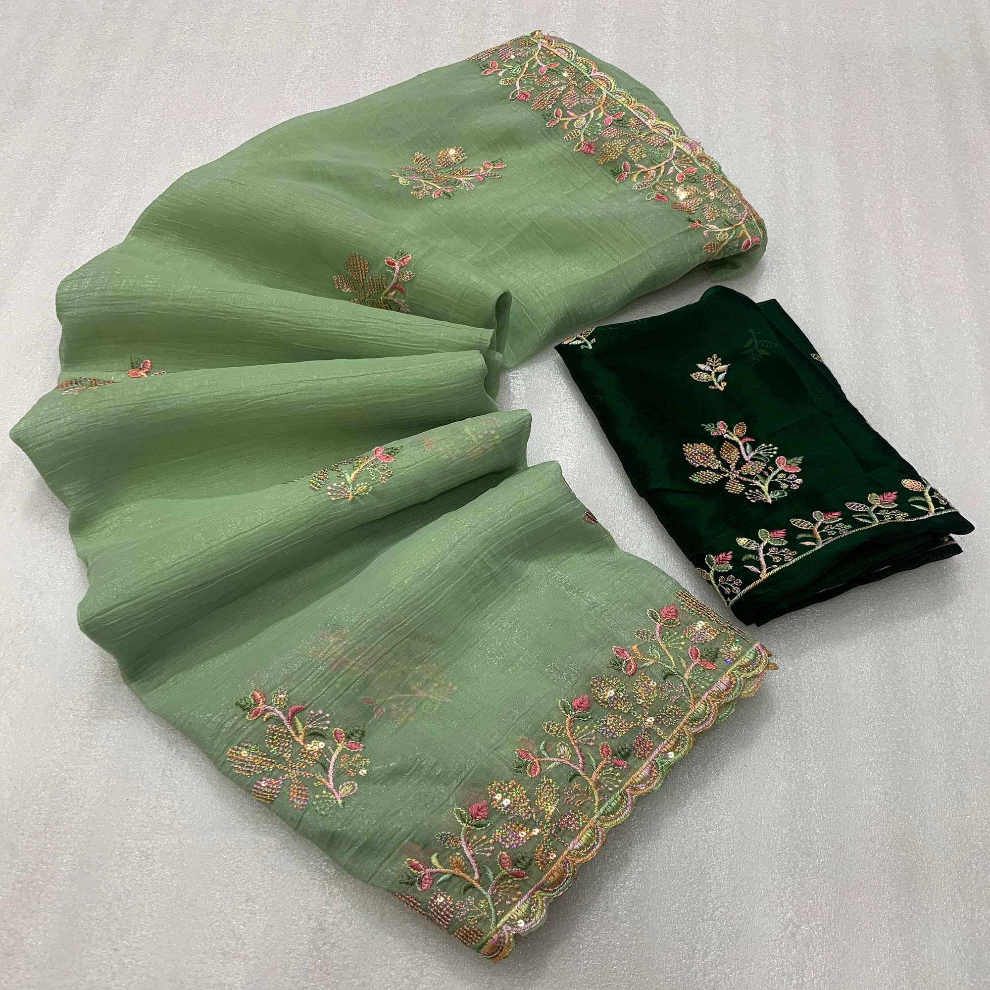 Green Floral Embroidered Crunchy Chiffon Saree