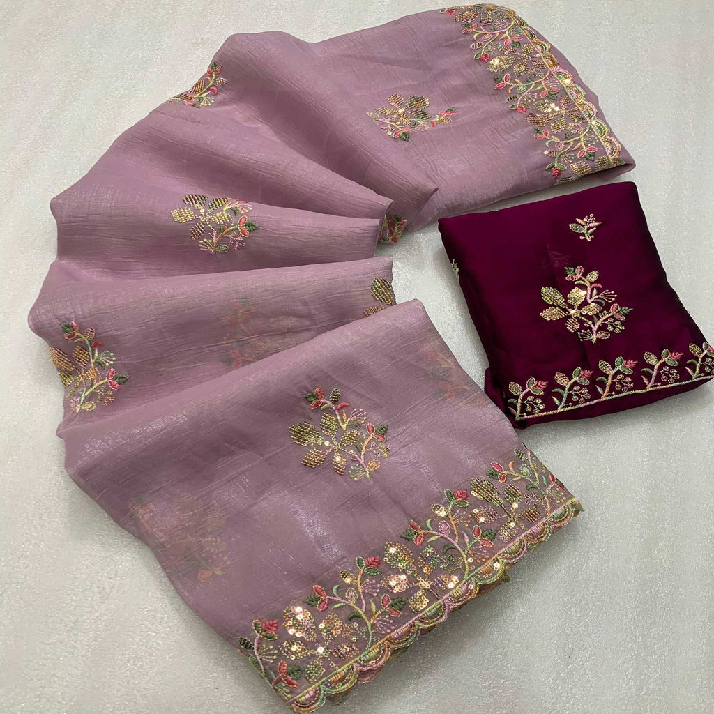 Carina Lavender Tissue Saree with Floral Embroidery Ready to Wear One Minute Saree main image 1